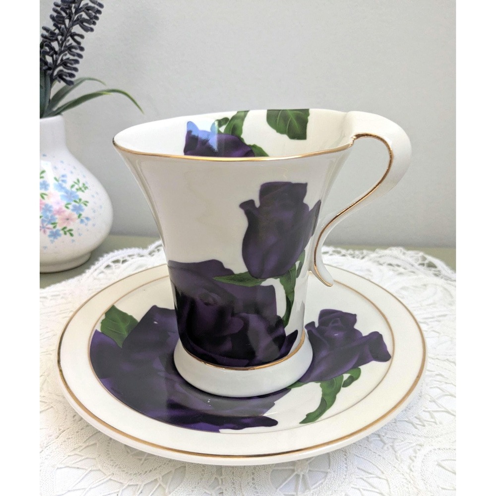Vintage Purple Rose Teacup and Saucer Set, Floral Bone China Cup